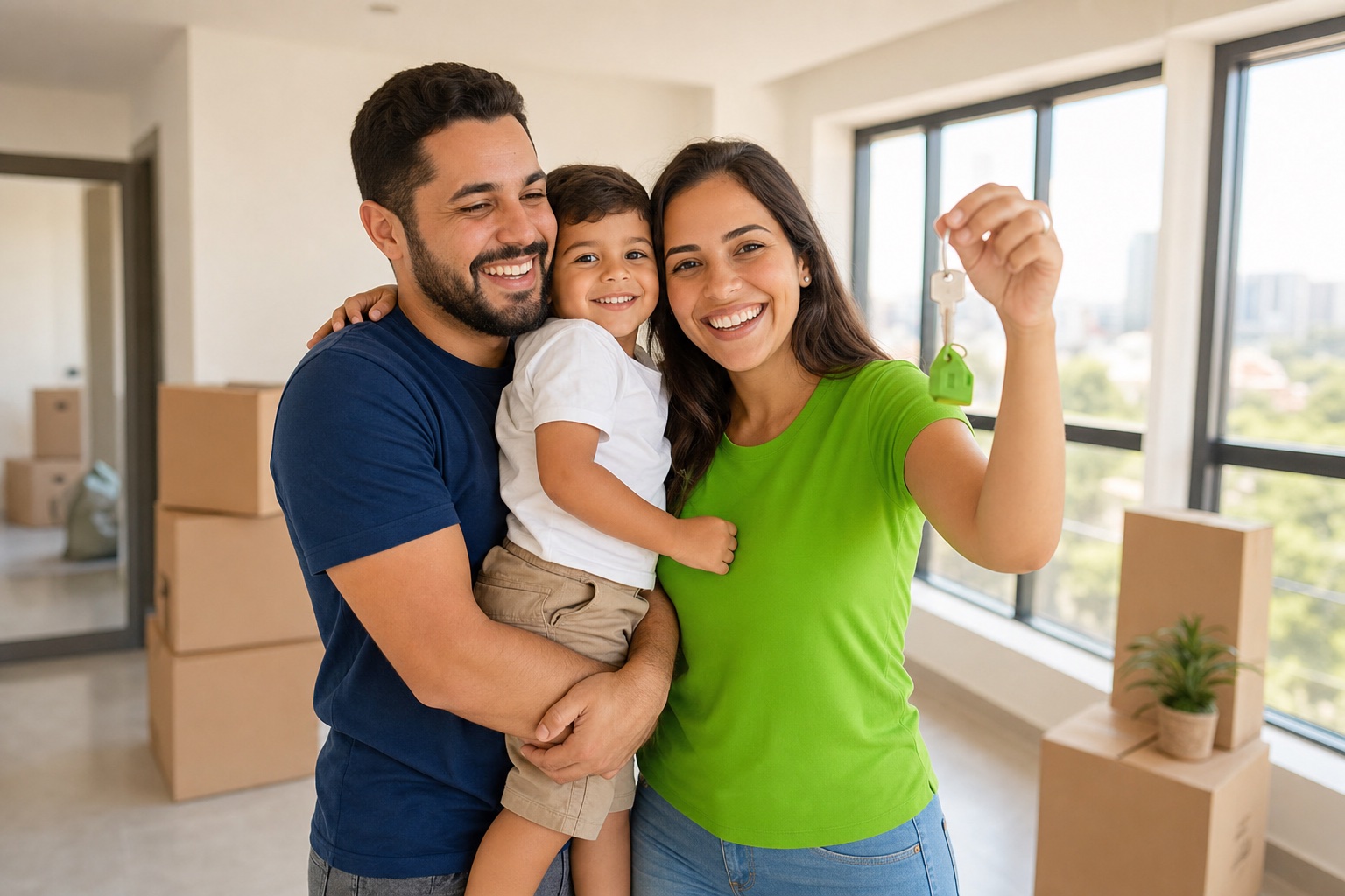 Família feliz recebendo as chaves do seu apartamento novo da Econ
